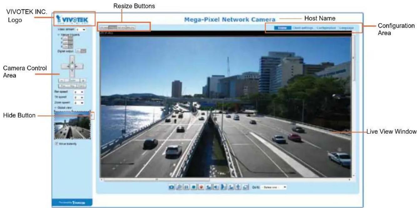 VIVOTEK INC. Logo Resize Buttons VIVOTEK Mega-Pixel Network Camera Host Name Configuration Area Camera Control Area Fan speed T1 speed Zoom speed Global view Hide Button Live View Window