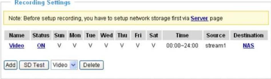 Recording Settings Note: Before setup recording, you have to setup network storage first via Server page Name Status Sun Mon Tue Wed Thu Fri Sat Time Source Destination Video ON V V V V V V V 00:00~24:00(stream1 NAS Add SD Test Video Delete