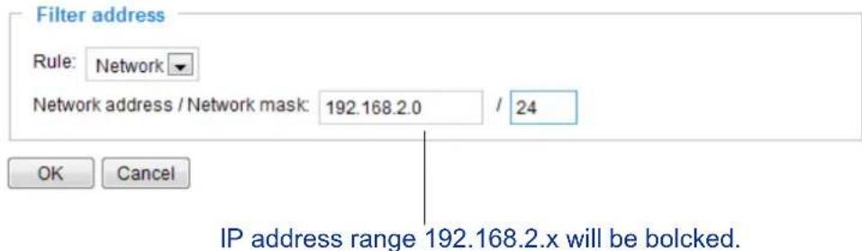 Filter address Rule: Network Network address / Network mask: 192.168.2.0 / 24 OK Cancel IP address range 192.168.2.x will be bolcked.