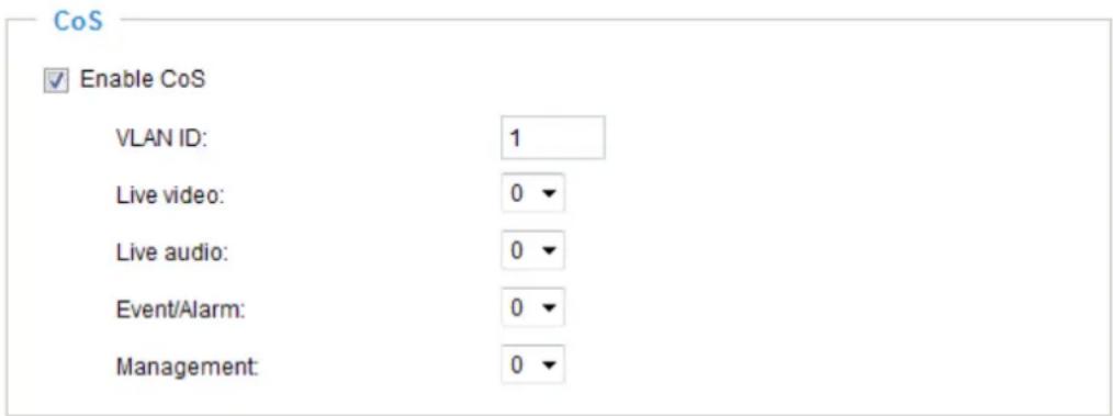 CoS Enable CoS VLAN ID: 1 Live video: 0 Live audio: 0 Event/Alarm: 0 Management: 0