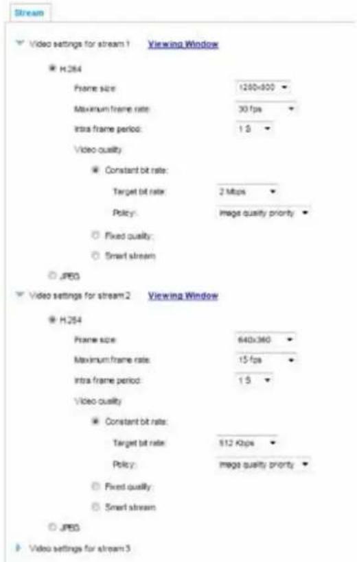 Stream Video settings for stream 1 Viewing Window H.264 Frame size: 1200x500 Maximum frame rate: 30 fps Intra frame period: 1.5 Video quality Constant bit rate: Target bit rate: 2 Mbps Policy: image quality priority Fixed quality: Smart stream JPEG Video settings for stream 2 Viewing Window H.264 Frame size: 640x360 Maximum frame rate: 15 fps Intra frame period: 1.5 Video quality Constant bit rate: Target bit rate: 912 Kbps Policy: image quality priority Fixed quality: Smart stream JPEG Video settings for stream 3