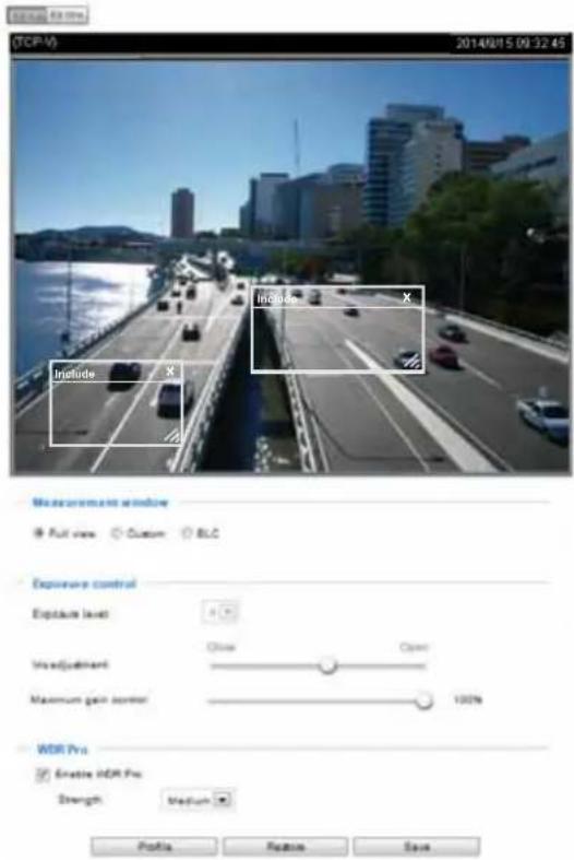 TCP-V 2014/9/15 09:32:45 Include X Include X Include X Measurement window Full view Custom BLC Exposure control Exposure level Head judgment Maximum gain center Close Close 100% WDR Pro Enable HDR Pro Strength Medium Profile Preview Save