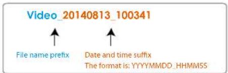 Video_20140813_100341 File name prefix Date and time suffix The format is: YYYYMMDD_HHMM5S