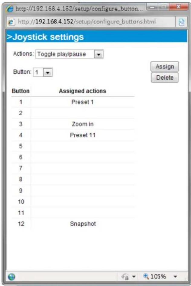 >Joystick settings Actions: Toggle play/pause Button: 1 Assign Delete Button Assigned actions 1 Preset 1 2 3 Zoom in 4 Preset 11 5 6 7 8 9 10 11 12 Snapshot