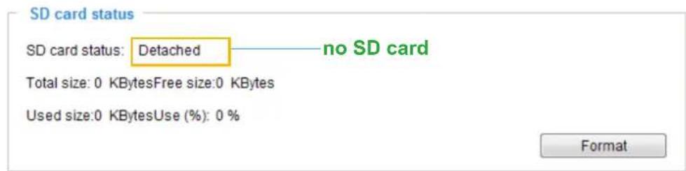 SD card status SD card status: Detached — no SD card Total size: 0 KBytesFree size:0 KBytes Used size:0 KBytesUse (%): 0 % Format