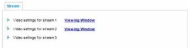 Stream Video settings for stream 1 Viewing Window Video settings for stream 2 Viewing Window Video settings for stream 3