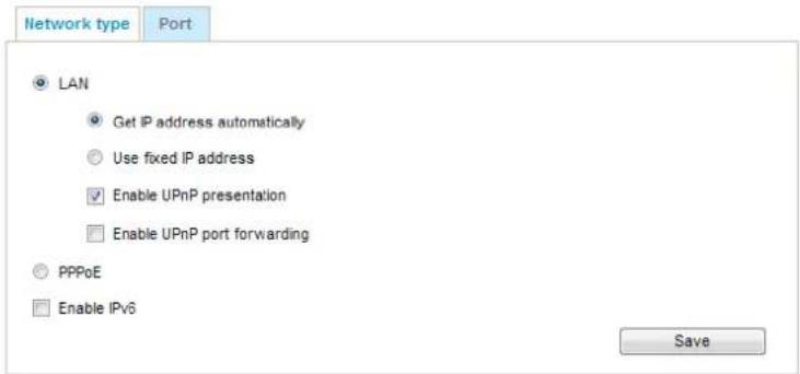 Network type Port LAN Get IP address automatically Use fixed IP address Enable UPnP presentation Enable UPnP port forwarding PPPoE Enable IPv6 Save