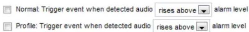 Normal: Trigger event when detected audio rises above alarm level Profile: Trigger event when detected audio rises above alarm level