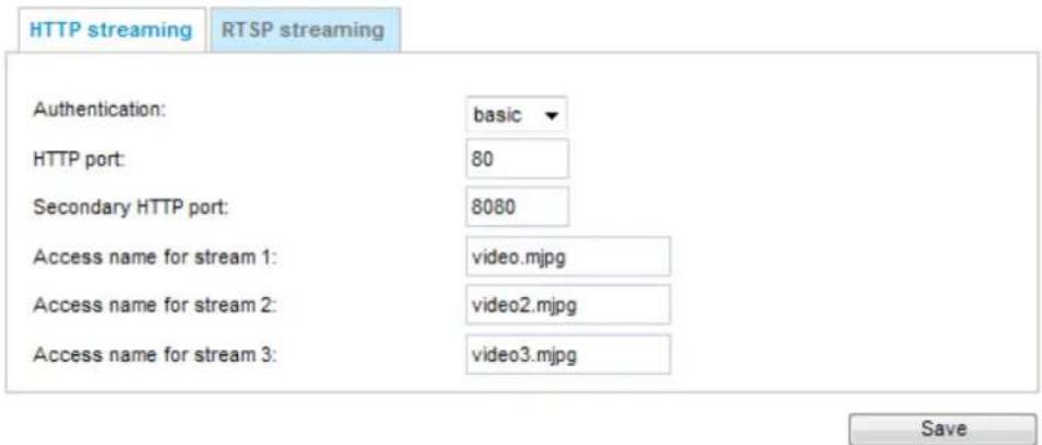 HTTP streaming RTSP streaming Authentication: basic HTTP port: 80 Secondary HTTP port: 8080 Access name for stream 1: video.mjpg Access name for stream 2: video2.mjpg Access name for stream 3: video3.mjpg Save