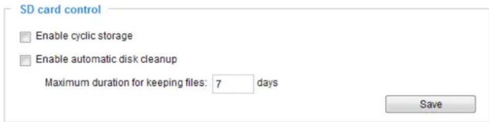 SD card control Enable cyclic storage Enable automatic disk cleanup Maximum duration for keeping files: 7 days Save