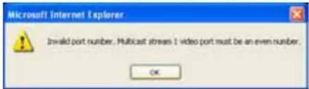 Microsoft Internet Explorer Invald port number. Multicast stream 1 video port must be an even number. OK