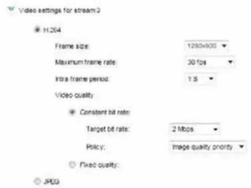 Video settings for stream 3 H264 Frame size: 1290x800 Maximum frame rate: 30 fps Intra frame period: 1.5 Video quality Constant bit rate: Target bit rate: 2 Mbps Policy: Image quality priority Fixed quality: JPEG