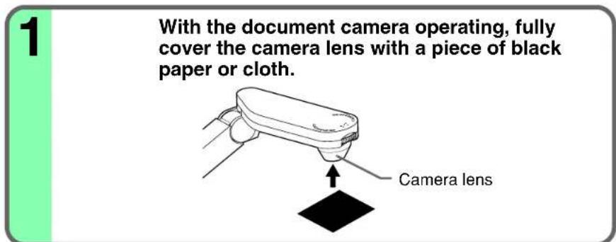 With the document camera operating, fully cover the camera lens with a piece of black paper or cloth. Camera lens