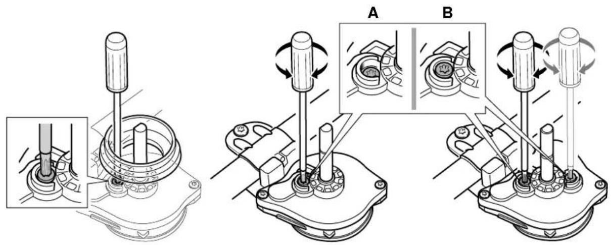 Technical diagram illustrating mechanical assembly steps with labeled components A and B, showing gear shift operations.