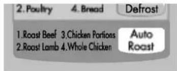 2. Poultry 4. Bread Defrost 1. Roast Beef 3. Chicken Portions Auto 2. Roast Lamb 4. Whole Chicken Roast