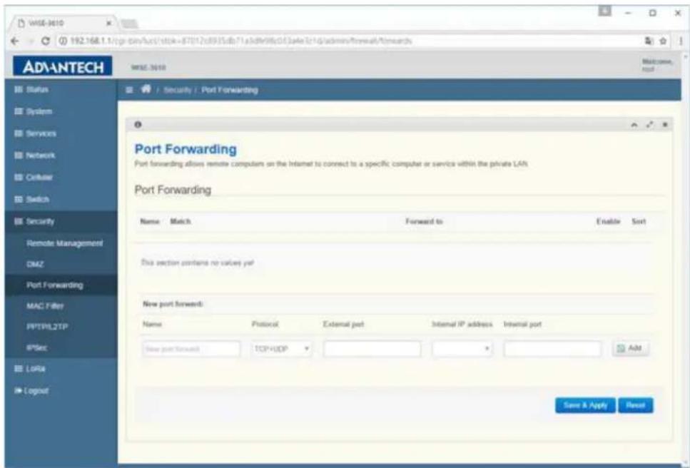 WISE-3610 192.168.1.1/cgr.dln/Aur/stock=$7012c0935db71a4dfr06c03e3c1g/admin/forward/forward WISE-3610 Port Forwarding Port forwarding allows remote computers on the Internet to connect to a specific computer or service within the private LAN. Port Forwarding Name Match Forward to Enable Sort This section contains no values port New port forward: Name Protocol External port Internal IP address Internal port New port forward TCP/IP Save & Apply Cancel