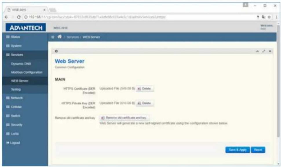 WBS-3610 192.168.1.1/tpa-tim/fac/sxtap=67612e8815atp?1xcldtf96c03larkc1c?d/adminv/services/jmptpd WBS-3610 Status System Services Dynamic DNS Modbus Configuration WEB Server Syslog Networks Cellular Switch Security Link Logout Web Server Common Configuration MAIN HTTPS Certificate (DER Encoded) Uploaded File (549.00 B) Delete HTTPS Private Key (DER Encoded) Uploaded File (510.00 B) Delete Remove slot certificate and key Remove slot certificate and key Web Server will generate a new self-signed certificate using the configuration shown below. Save & Apply Reset