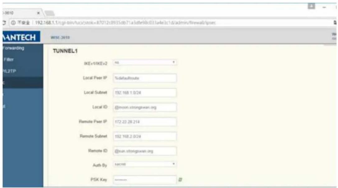 TUNNEL1 IKEv1/IKEv2 Local Peer IP %defaultroute Local Subnet 192.168.1.0/24 Local ID @myon.stongswan.org Remote Peer IP 172-22.28.214 Remote Subnet 192.168.2.0/24 Remote ID @myn.stongswan.org Auth By sacrel PSK Key ---------------- ©