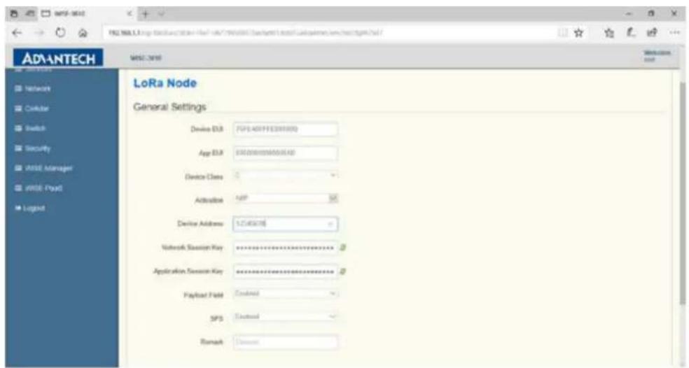 ADIANTECH Network Ceridian Switch Security VRSI Manager VRSI Front Legend LoRa Node General Settings Device ID: F01401F0200000 App ID: 500000000000000 Device Class: Activation: http://83/83/83/ Device Address: 57456298 Network Session Key: ********** Application Session Key: ********** Payload Field: Context SPS: Context Remark: Comment