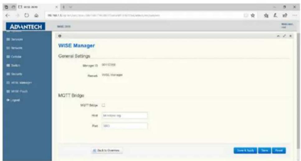 WISE Manager General Settings Manager ID: 00112358 Remark: WISE Manager MQTT Bridge MQTT Guide: Host: lat.molgen.org Port: 1003 Back to Overview Save & Apply Save Reset