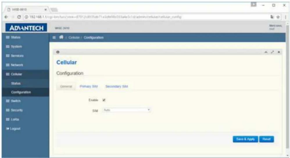 WISE-2010 192.168.1.f/cgi-bony/box/cxxx=87012.8837db-T1.xSofe98cD33a4e3c1d:admirv/cellulas/cellular_config WISE-2010 Cellular Configuration General Primary SIM Secondary SIM Enable ✓ SIM Auto Save & Apply Reset