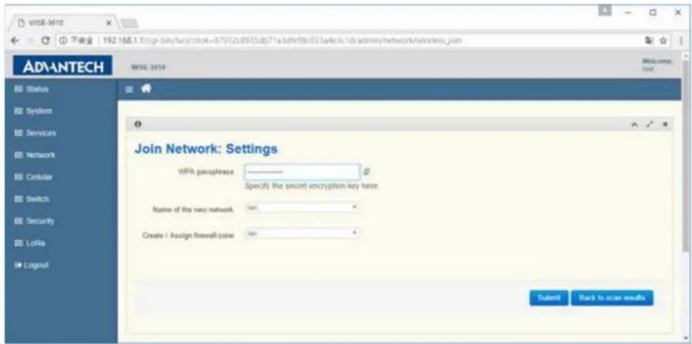 WPSU-3610 ADANTECH Status System Services Network Cellular Switch Security LoRa Logout WPSU 3610 Join Network: Settings WPSA passphrase Specify the secret encryption key here. Name of the new network Bar Create / Assign firewall-zone Bar Submit Back to scan results