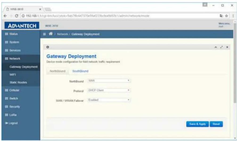 WISE-3610 192.168.1.1/cgi-bin/fucv/stok=9ab7fbc647370e59af233bctea6b92b1/admin/network/mode WISE-3610 Status System Services Network Gateway Deployment WIFI Static Routes Cellular Switch Security LoRa Logout Network / Gateway Deployment Gateway Deployment Device mode configuration for field network traffic requirement NorthBound SouthBound NorthBound WAN Protocol DHCP Client WAN / WWAN Follower Enabled Save & Apply Reset