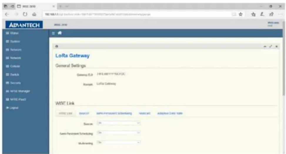 WISE 2018 LORa Gateway General Settings Gateway E3.4 7-PEA6E1F15CFCDC Remark: LoRa Gateway WiSE Link WISE Link Remark: Semi-Perspect Schemberg Markcard Adaptive Data Rate Success Semi-Perspect Schemberg Multiusing Winbase