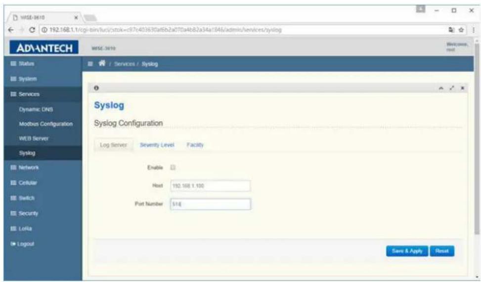 WISE-3610 192.16B.1.1/cgi-bin/luci/stok=c97c403670af5b2a070a4b82a34a1846/admis/services/syslog WISE-3610 Status System Services Dynamic DNS Modbus Configuration WEB Server Syslog Network Cellular Switch Security LoRia Logout Services / Syslog Syslog Syslog Configuration Log Server Severity Level Facility Enable Host 192.16B.1.100 Port Number $16 Save & Apply Reset