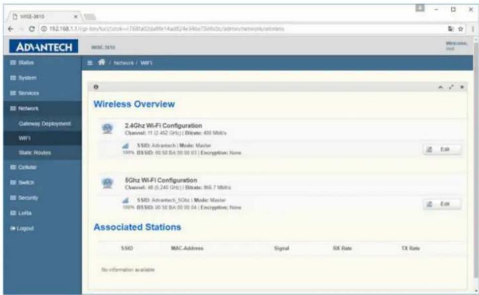 ADANTECH Status System Services Network Gateway Deployment WiFi1 Static Routes Cellular Switch Security LoRa Legend Wireless Overview 2.4Ghz Wi-Fi Configuration Channel: 11 (2,452 GHz) / Bytes: 400 Mb/s SSID: Advantech | Mode: Master 100% BSSID: 00.50 BA 00.00 03 | Encryption: None E盘 5Ghz Wi-Fi Configuration Channel: 48 (5,240 GHz) / Bytes: 866.7 Mb/s SSID: Advantech_5GHz | Mode: Master 100% BSSID: 00.50 BA 00.00 04 | Encryption: None E盘 Associated Stations SSID MAC-Address Signal RX Rate CX Rate No information available
