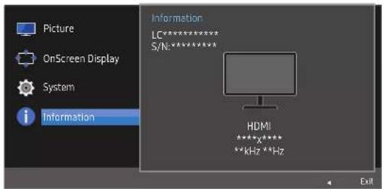 Picture OnScreen Display System i Information Information LC***************** S/N:***************** HDMI ****x**** **kHz **Hz Exit