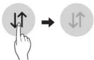 Diagram showing hand press icon pointing to a circle with upward arrows, followed by a rightward arrow icon.