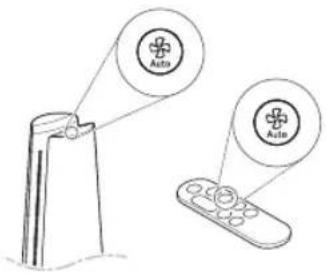 Diagram showing a device with two labeled 'Auto' buttons pointing to its screen and remote control.
