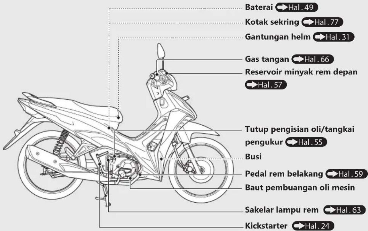 Baterai → Hal. 49 Kotak sekring → Hal. 77 Gantungan helm → Hal. 31 Gas tangan → Hal. 66 Reservoir minyak rem depan → Hal. 57 Tutup pengisian oli/tangkai pengukur → Hal. 55 Busi Pedal rem belakang → Hal. 59 Baut pembuangan oli mesin Sakelar lampu rem → Hal. 63 Kickstarter → Hal. 24