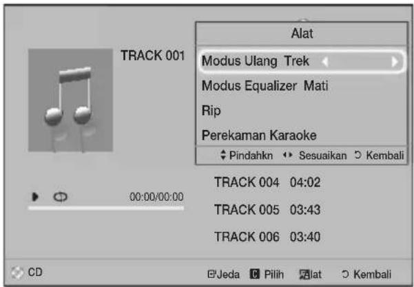 TRACK 001 Alat Modus Ulang Trek Modus Equalizer Mati Rip Perekaman Karaoke Pindahkan Sesuaikan Kembali TRACK 004 04:02 TRACK 005 03:43 TRACK 006 03:40 CD Jeda Pilih Alat Kembali