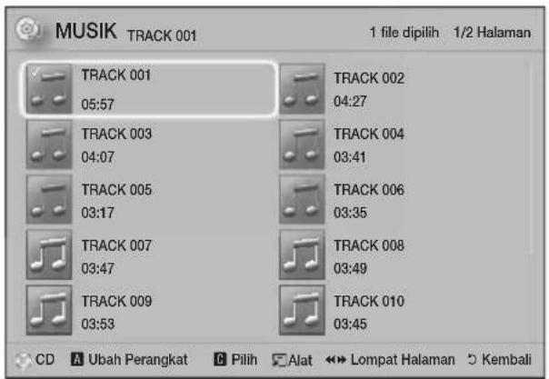 MUSIK TRACK 001 1 file dipilih 1/2 Halaman TRACK 001 05:57 TRACK 002 04:27 TRACK 003 04:07 TRACK 004 03:41 TRACK 005 03:17 TRACK 006 03:35 TRACK 007 03:47 TRACK 008 03:49 TRACK 009 03:53 TRACK 010 03:45 CD Ubah Perangkat Pilih Alat Lompat Halaman Kembali