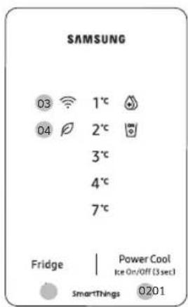 SAMSUNG 03 1°C 04 2°C 3°C 4°C 7°C Fridge | Power Cool Ice On/Off (3 sec) SmartThings 0201