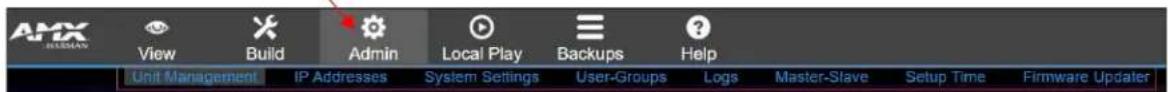 ARM View Build Admin Local Play Backups Help Unit Management IP Addresses System Settings User-Groups Logs Master-Slave Setup Time Firmware Updater