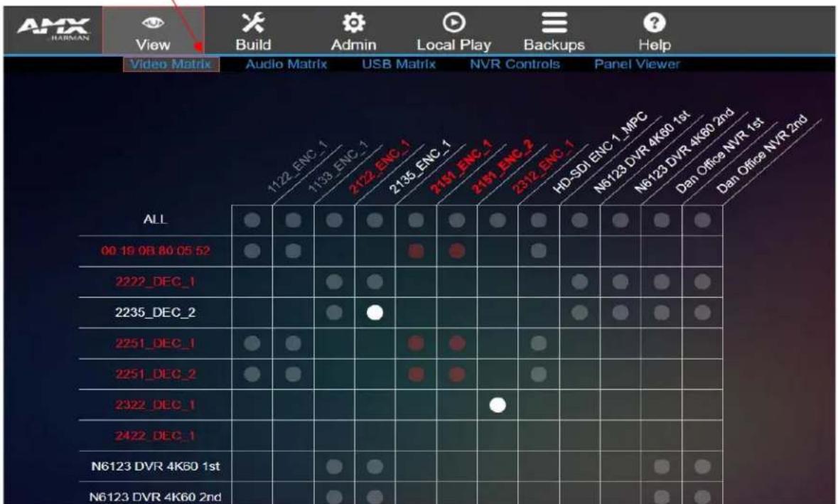 AMX HARMAN View Build Admin Local Play Backups Help Video Matrix Audio Matrix USB Matrix NVR Controls Panel Viewer ALL 1122_ENC_1 1133_ENC_1 2122_ENC_1 2135_ENC_1 2151_ENC_1 2151_ENC_2 2312_ENC_1 HD-SDI_ENC_1_MPC N6123_DVR_4K60_1st N6123_DVR_4K60_2nd Dan Office NVR_1st Dan Office NVR_2nd 00:19 08:80 05:52 2222_DEC_1 2235_DEC_2 2251_DEC_1 2251_DEC_2 2322_DEC_1 2422_DEC_1 N6123_DVR_4K60_1st N6123_DVR_4K60_2nd