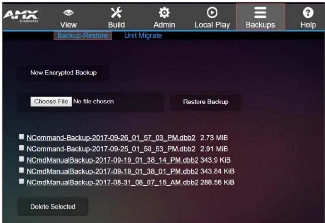AMX HARMAN View Build Admin Local Play Backups Help Backup-Restore Unit Migrate New Encrypted Backup Choose File No file chosen Restore Backup NCommand-Backup-2017-09-26_01_57_03_PM.dbb2 2.73 MiB NCommand-Backup-2017-09-25_01_50_53_PM.dbb2 2.91 MiB NCmdManualBackup-2017-09-19_01_38_14_PM.dbb2 343.9 KiB NCmdManualBackup-2017-09-19_01_38_01_PM.dbb2 343.84 KiB NCmdManualBackup-2017-08-31_08_07_15_AM.dbb2 288.56 KiB Delete Selected