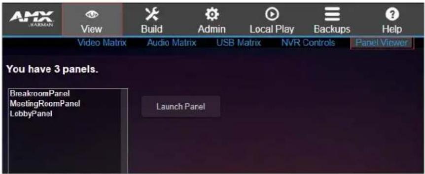 AMX LARMAN View Build Admin Local Play Backups Help Video Matrix Audio Matrix USB Matrix NVR Controls Panel Viewer You have 3 panels. BreakroomPanel MeetingRoomPanel LobbyPanel Launch Panel