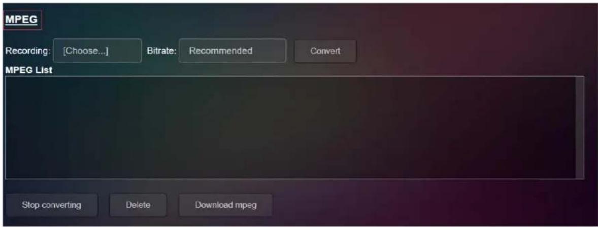 MPEG Recording: [Choose...] Bitrate: Recommended Convert MPEG List Stop converting Delete Download mpeg