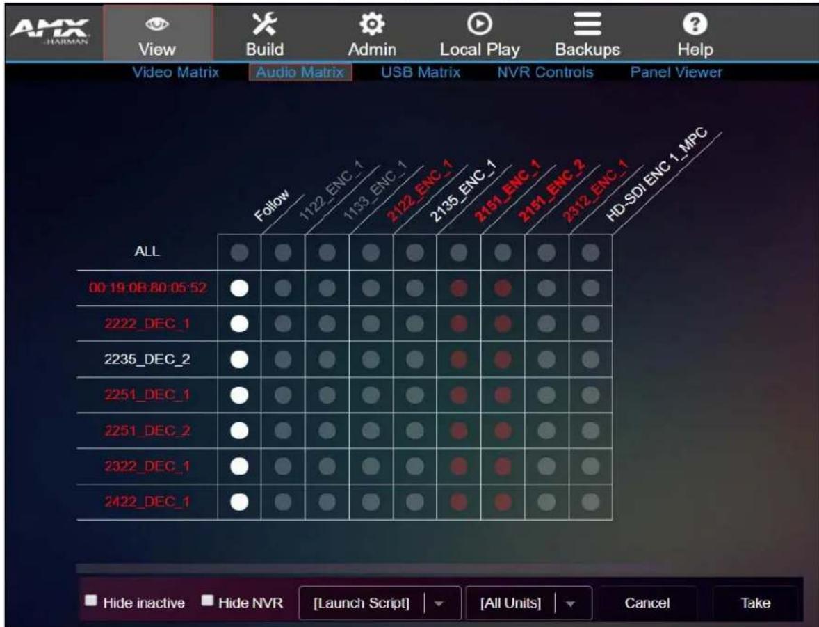 AMX HARMAN View Build Admin Local Play Backups Help Video Matrix Audio Matrix USB Matrix NVR Controls Panel Viewer ALL 00:19:08 80:05:52 2222_DEC_1 2235_DEC_2 2251_DEC_1 2251_DEC_2 2322_DEC_1 2422_DEC_1 Follow 1122_ENC_1 1133_ENC_1 2122_ENC_1 2135_ENC_1 2151_ENC_1 2151_ENC_2 2312_ENC_1 HD-SDI_ENC_1_MPC Hide inactive Hide NVR [Launch Script] | [All Units] | Cancel Take