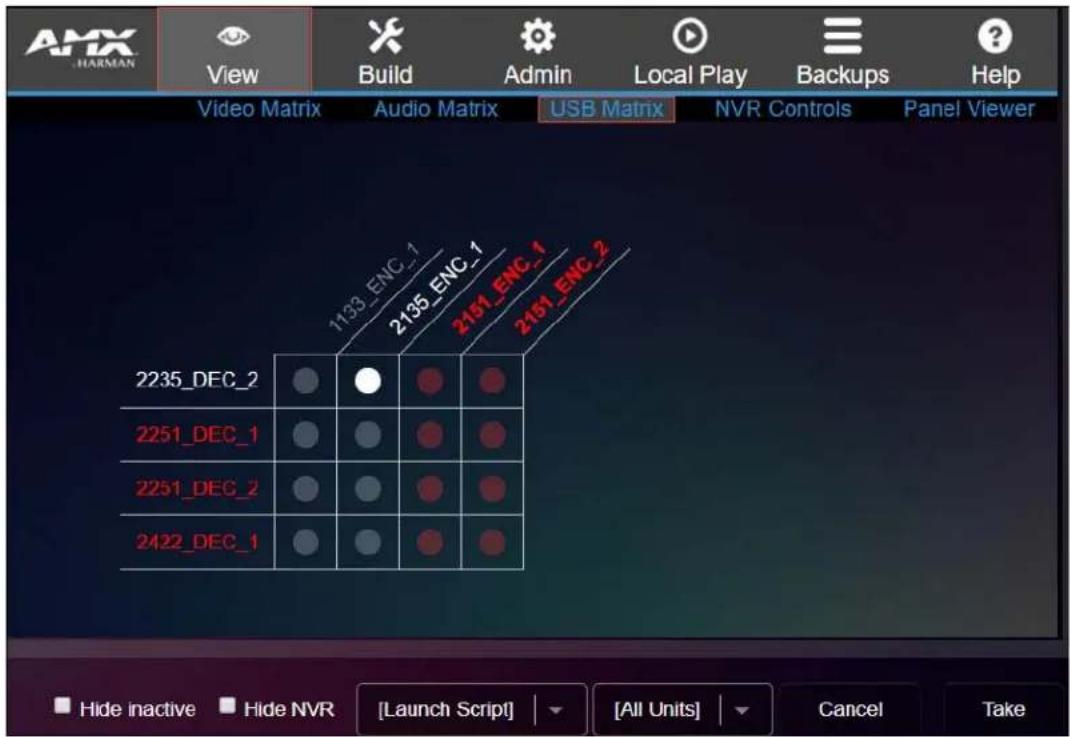 AMX HARMAN View Build Admin Local Play Backups Help Video Matrix Audio Matrix USB Matrix NVR Controls Panel Viewer 1133_ENC_1 2135_ENC_1 2151_ENC_1 2151_ENC_2 2235_DEC_2 2251_DEC_1 2251_DEC_2 2422_DEC_1 Hide inactive Hide NVR [Launch Script] [All Units] Cancel Take