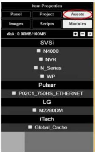 Item Properties Panel Project Assets Images Scripts Modules disk: 0.00MB/100MB SVSi N4000 NVR N_Series WP Pulsar P02C1_750HS_ETHERNET LG M2280DM iTach Global_Cache