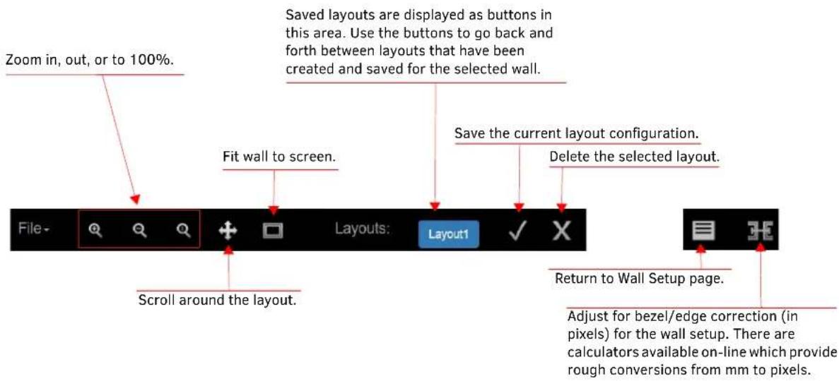 Zoom in, out, or to 100%. Saved layouts are displayed as buttons in this area. Use the buttons to go back and forth between layouts that have been created and saved for the selected wall. Fit wall to screen. Save the current layout configuration. Delete the selected layout. File Layouts: Layout1 ✓ X Return to Wall Setup page. Adjust for bezel/edge correction (in pixels) for the wall setup. There are calculators available on-line which provide rough conversions from mm to pixels. Scroll around the layout.