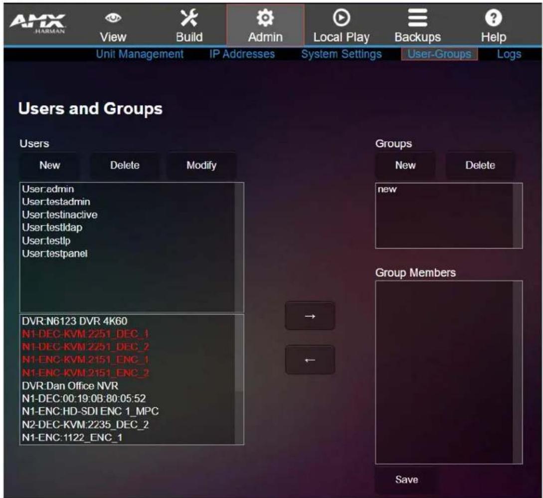 AMX HARMAN View Build Admin Local Play Backups Help Unit Management IP Addresses System Settings User-Groups Logs Users and Groups Users New Delete Modify User:admin User:testadmin User:testinactive User:testldap User:testlp User:testpanel Groups New Delete new Group Members DVR:N6123 DVR 4K60 N1-DEC-KVM 2251_DEC_1 N1-DEC-KVM 2251_DEC_2 N1-ENC-KVM 2151_ENC_1 N1-ENC-KVM 2151_ENC_2 DVR:Dan Office NVR N1-DEC:00:19:0B:80:05:52 N1-ENC:HD-SDI ENC 1_MPC N2-DEC-KVM:2235_DEC_2 N1-ENC:1122_ENC_1 Save