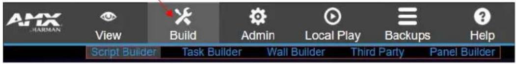 AMX HARMAN View Build Admin Local Play Backups Help Script Builder Task Builder Wall Builder Third Party Panel Builder