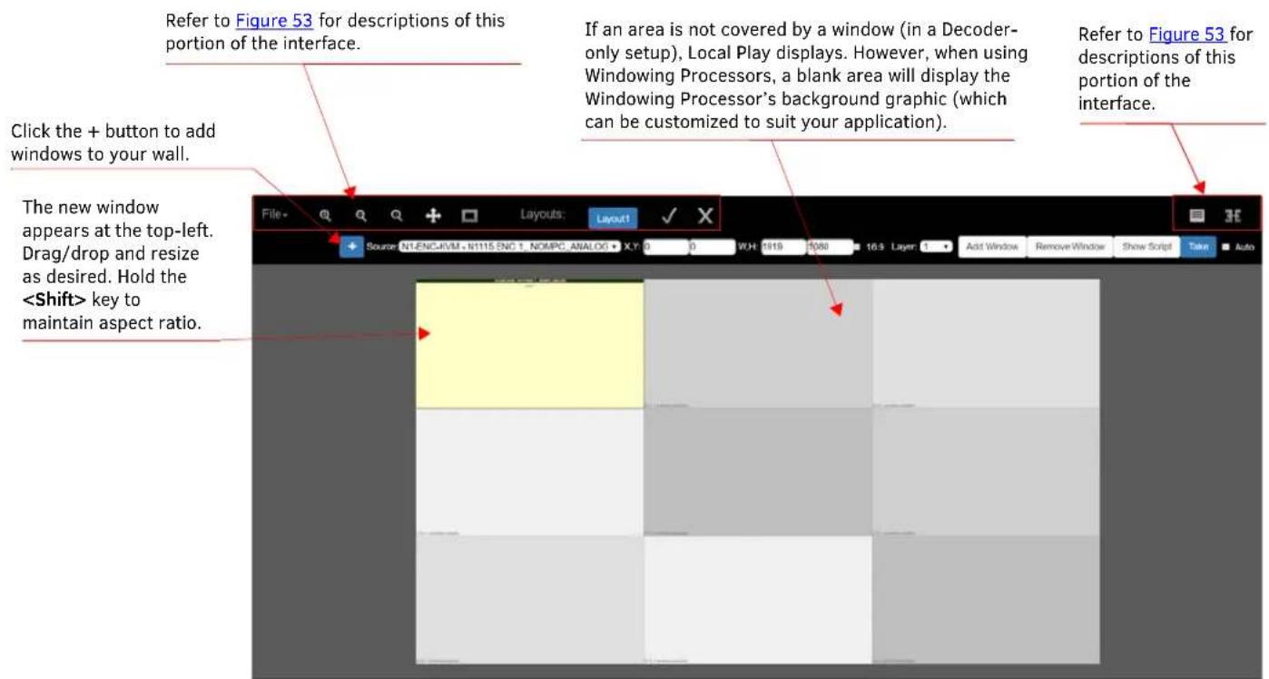 Refer to Figure 53 for descriptions of this portion of the interface. Click the + button to add windows to your wall. The new window appears at the top-left. Drag/drop and resize as desired. Hold the key to maintain aspect ratio. If an area is not covered by a window (in a Decoder-only setup), Local Play displays. However, when using Windowing Processors, a blank area will display the Windowing Processor's background graphic (which can be customized to suit your application). Refer to Figure 53 for descriptions of this portion of the interface.
