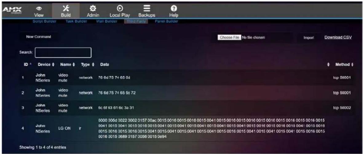 New Command Choose File No file chosen Import Download CSV Search: ID * Device # Name # Type # Data 1 John NSeries video mute network 76 6d 75 74 65 6d 2 John NSeries video mute network 76 6d 75 74 65 5c 72 3 John NSeries video mute network 8c 6f 63 61 6c 3a 31 4 John NSeries LG ON r 0000 006d 0022 0002 0157 00ac 0015 0016 0015 0016 0015 0041 0015 0041 0015 0041 0015 0041 0015 0041 0015 0041 0015 0041 0015 0041 0015 0041 0015 0041 0015 0049 Showing 1 to 4 of 4 entries Method tcp 50001 tcp 50001 tcp 50002